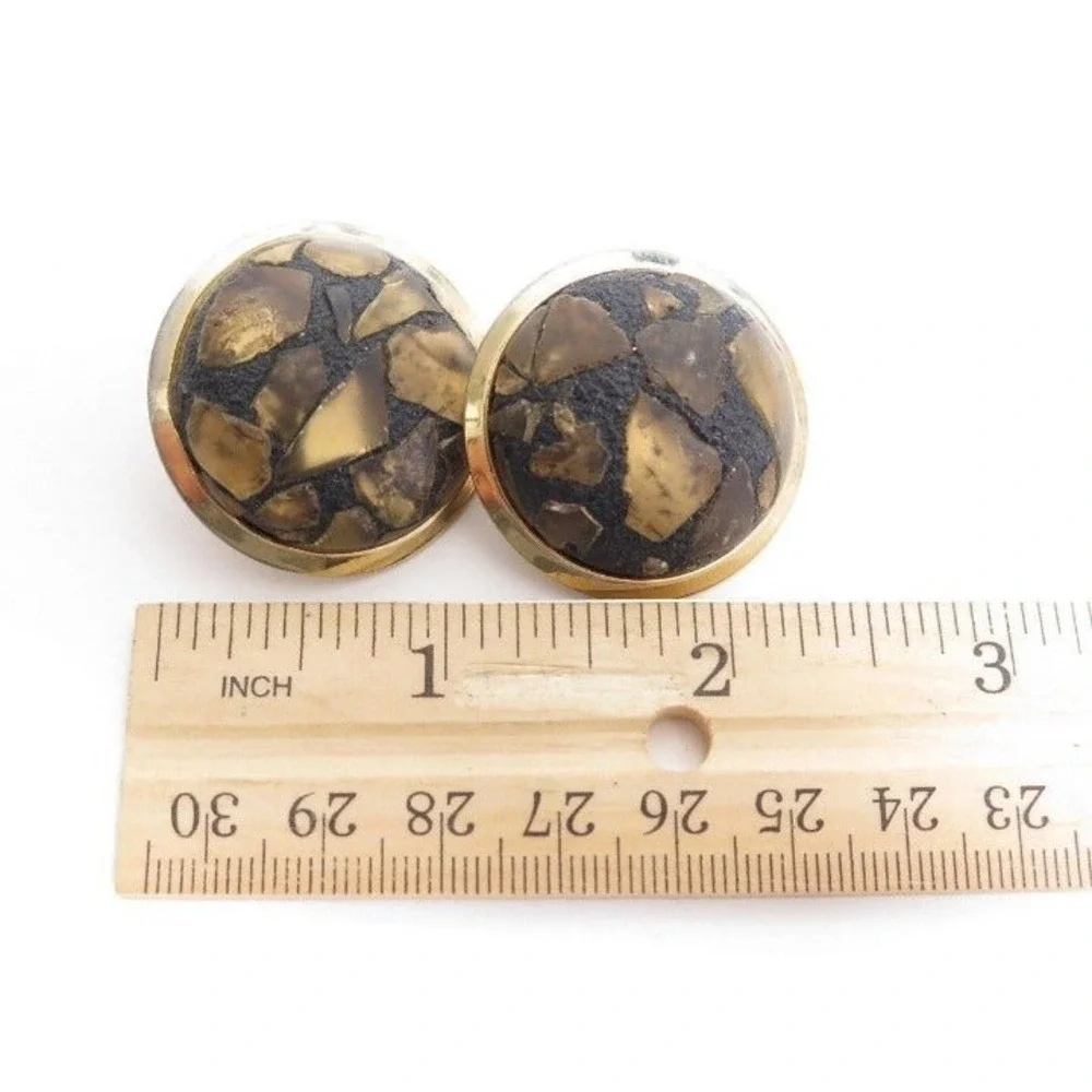 Vintage Large Yellow Gold‎ colored Flecks Black Dome Gold Toned Clip-on Earrings